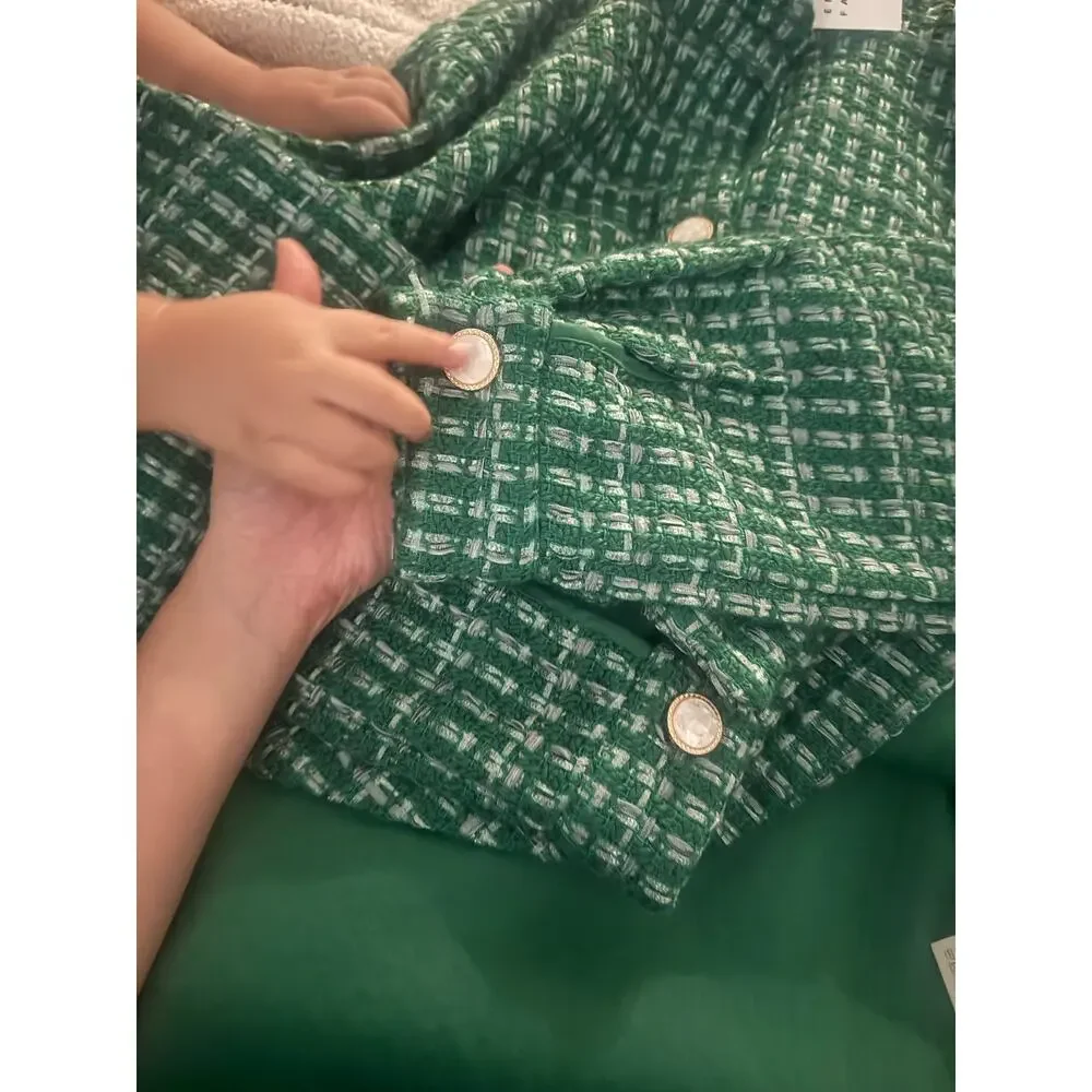 New English Factory Green Metallic Tweed Jacket Shorts 2 Piece Set NWT Size S